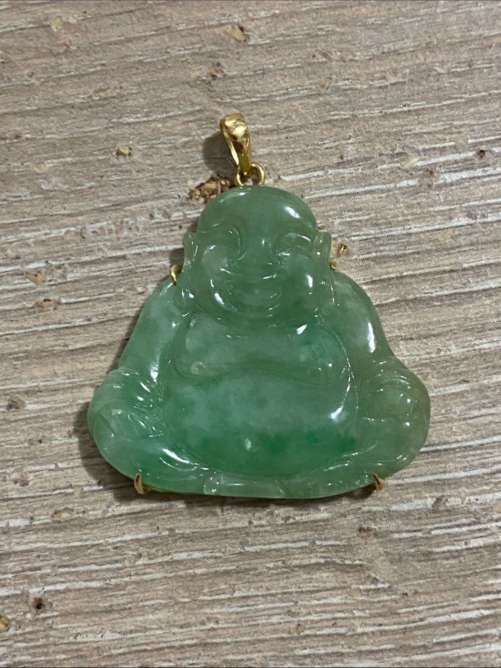 Vintage Green Jade Laughing Buddha Pendant with 18K/750 Stamped Gold Bail